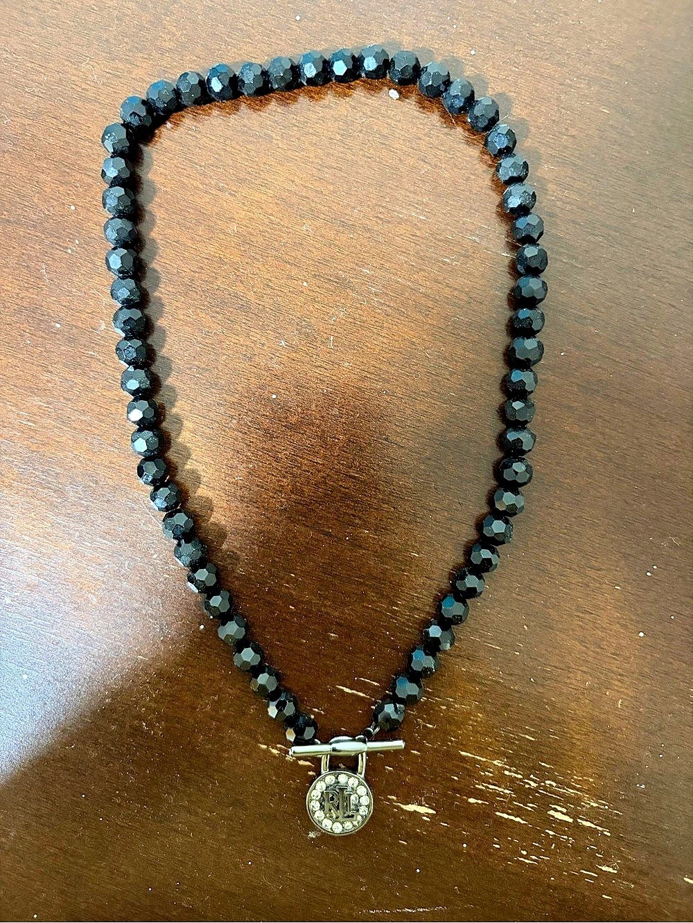 Lauren Ralph Lauren Black Faceted Beaded RL Rhinestone Pendant Necklace